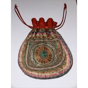 Embroidery Drawstring Handbag Wristlet  All Leather Vintage